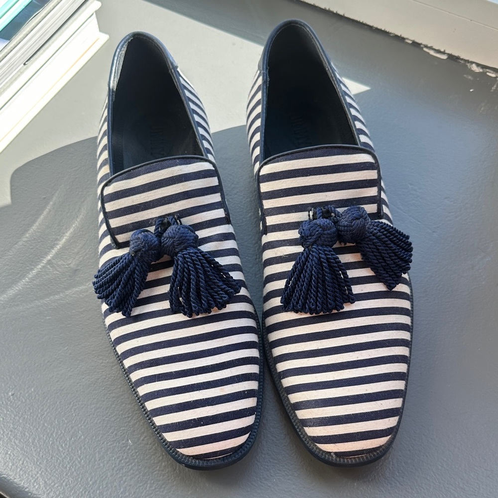 Jimmy Choo Navy and White Striped Tassel Loafers